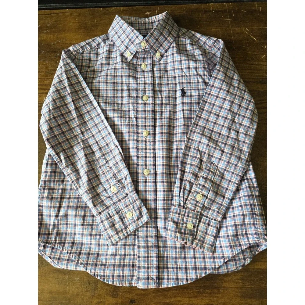 Polo Ralph‎ Lauren Natural Stretch Boys 5 Oxford Shirt Plaid Button Up Pony Logo
